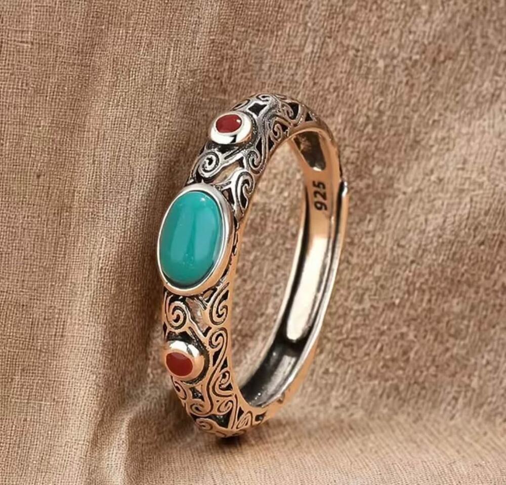 925 Silver Turquoise & Red Coral Ring Boho Oxidized Design. Size 7 adjustable